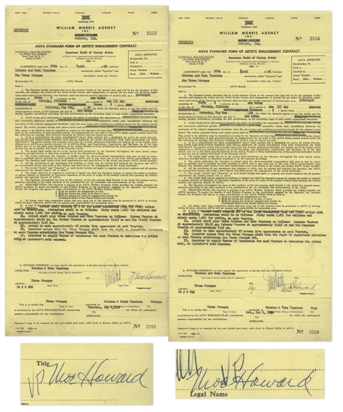 Two April 1959 Contracts Signed by Moe Howard -- AGVA Contracts for Three Stooges Performances Each Measure 8.5'' x 17'' -- Counter Signature Touching Moe's Signature on One, Else Very Good
